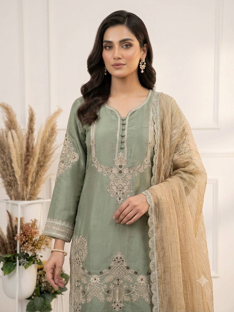 Sage Green Glass Satin Sequin Kurta Salwar Set, view 3