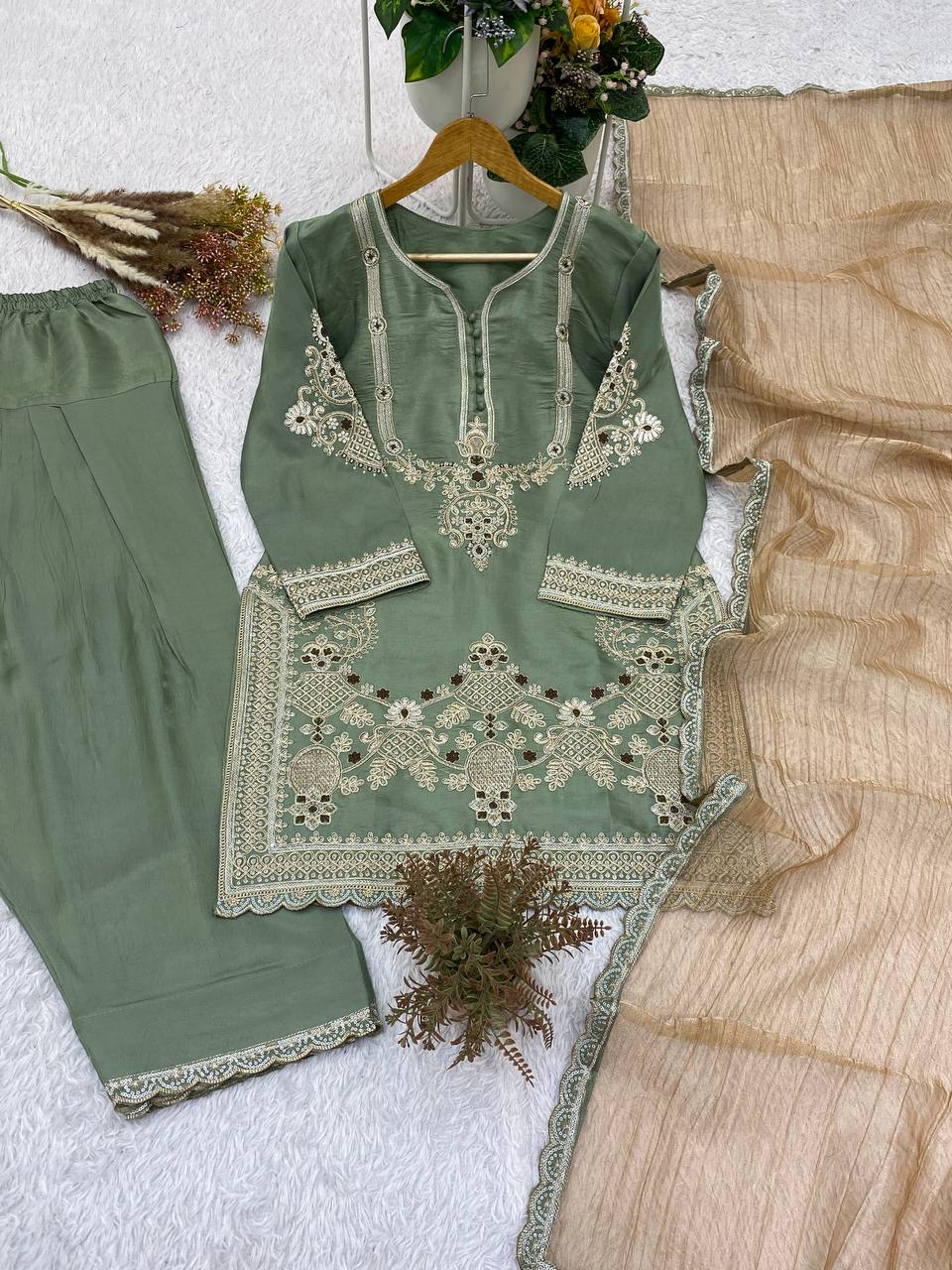 Sage Green Glass Satin Sequin Kurta Salwar Set, view 4