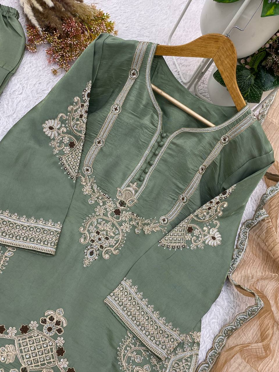 Sage Green Glass Satin Sequin Kurta Salwar Set, view 5