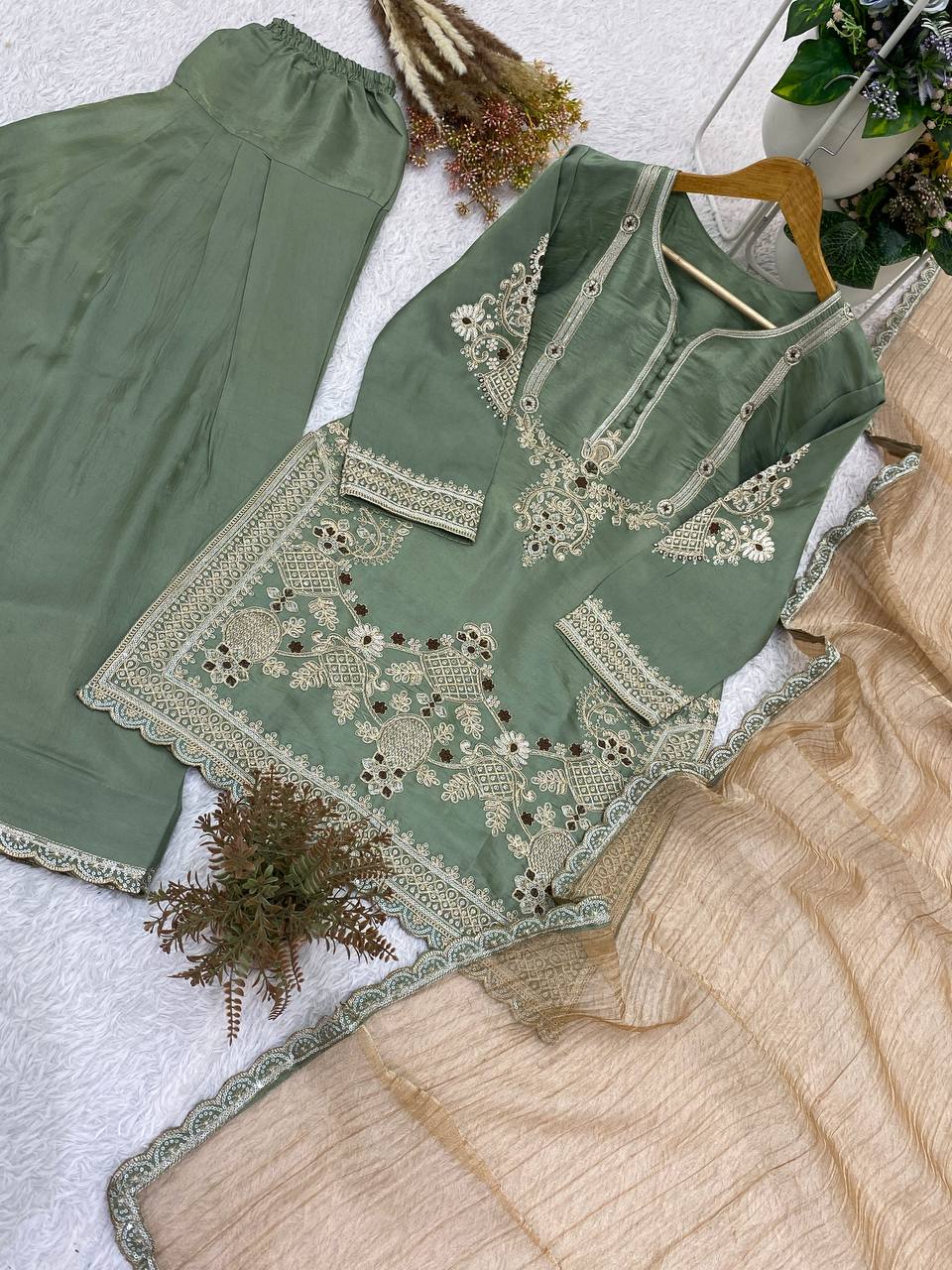 Sage Green Glass Satin Sequin Kurta Salwar Set, view 6