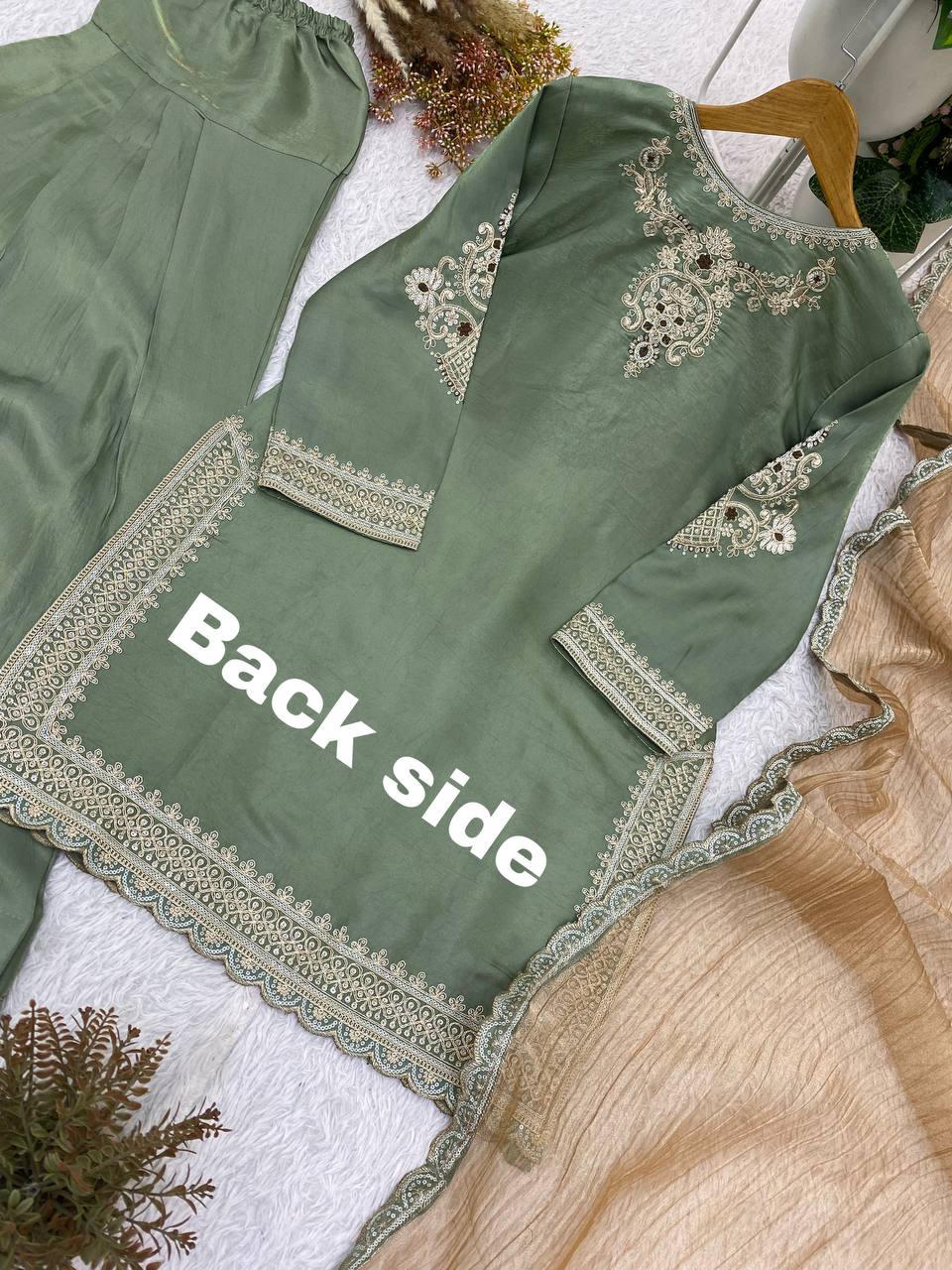 Sage Green Glass Satin Sequin Kurta Salwar Set, view 7