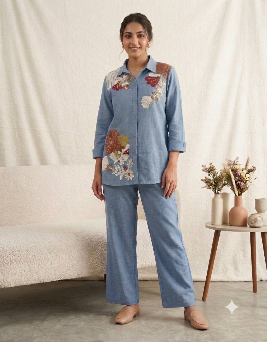 Denim Blue Cotton Denim Sequin Co-ord Set