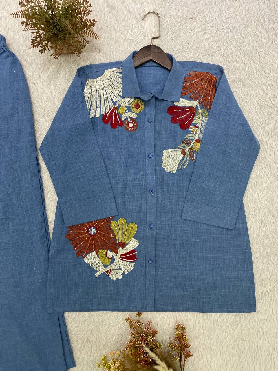 Denim Blue Cotton Denim Sequin Co-ord Set, view 4