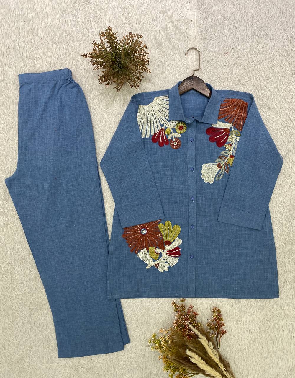 Denim Blue Cotton Denim Sequin Co-ord Set, view 5