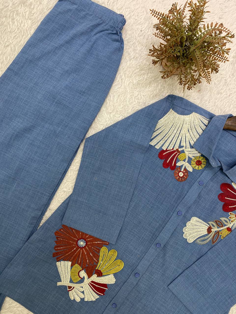 Denim Blue Cotton Denim Sequin Co-ord Set, view 6