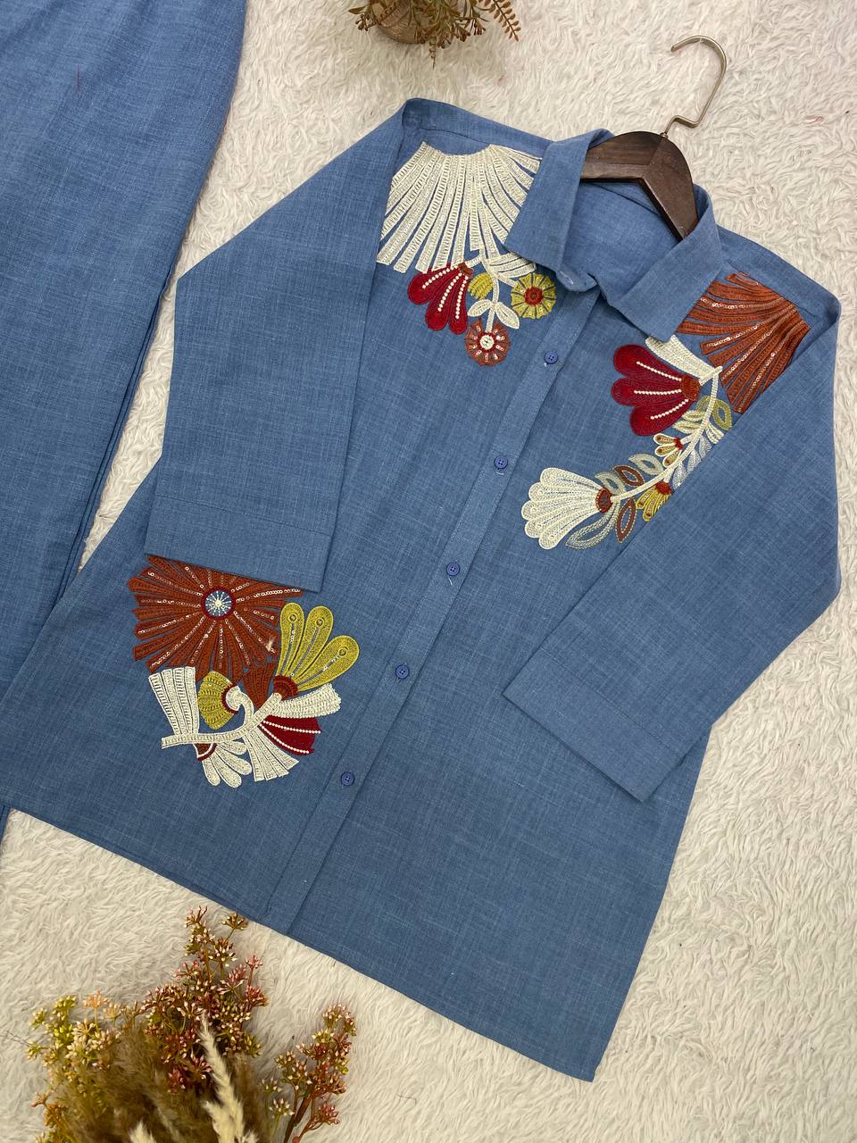 Denim Blue Cotton Denim Sequin Co-ord Set, view 7