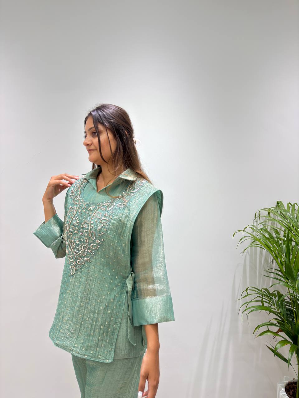 Sea Green Salsa Silk Embroidered Co-ord Set, view 2