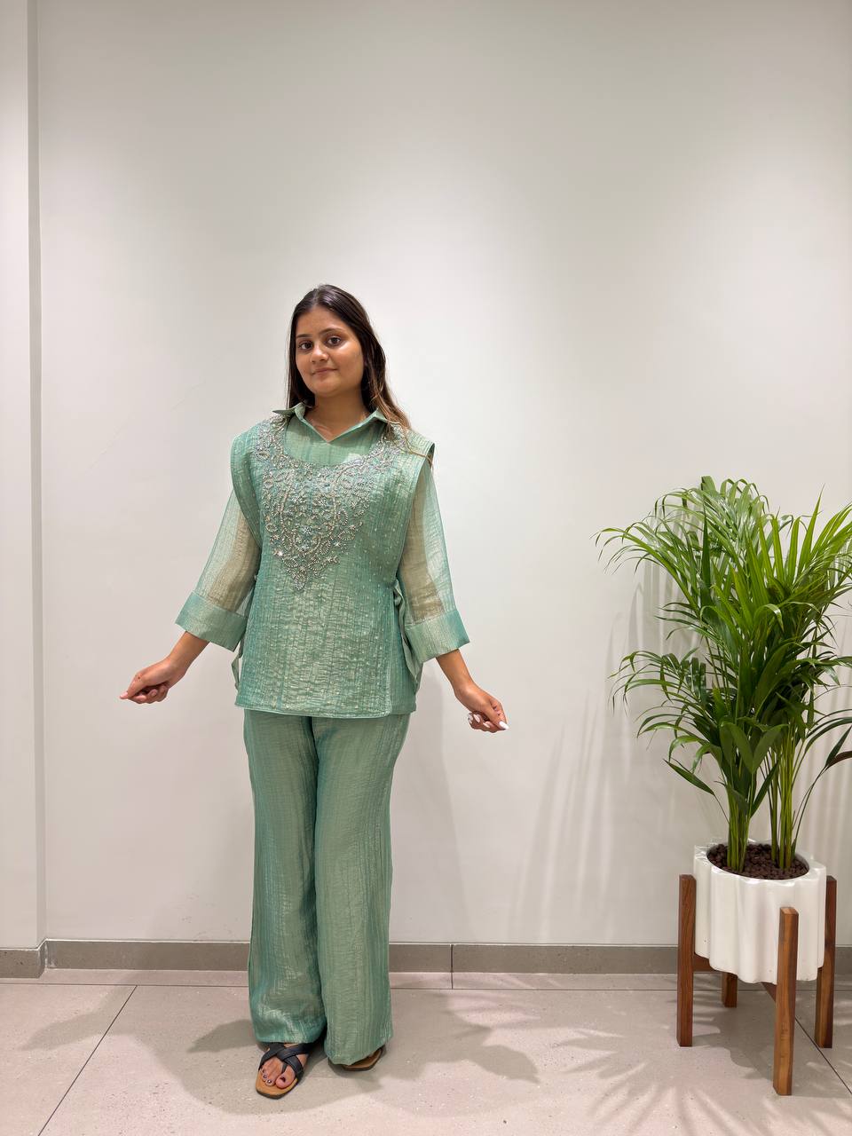 Sea Green Salsa Silk Embroidered Co-ord Set, view 3