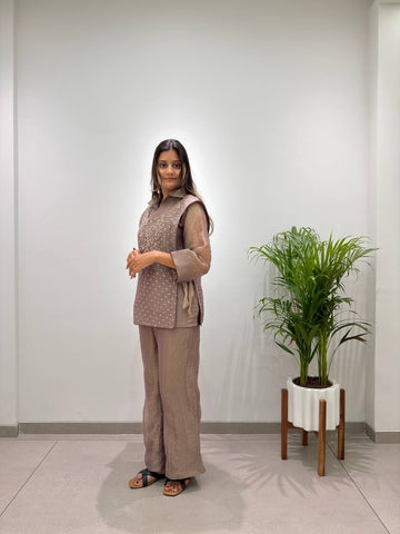 Taupe Brown Salsa Silk Embroidered Co-ord Set