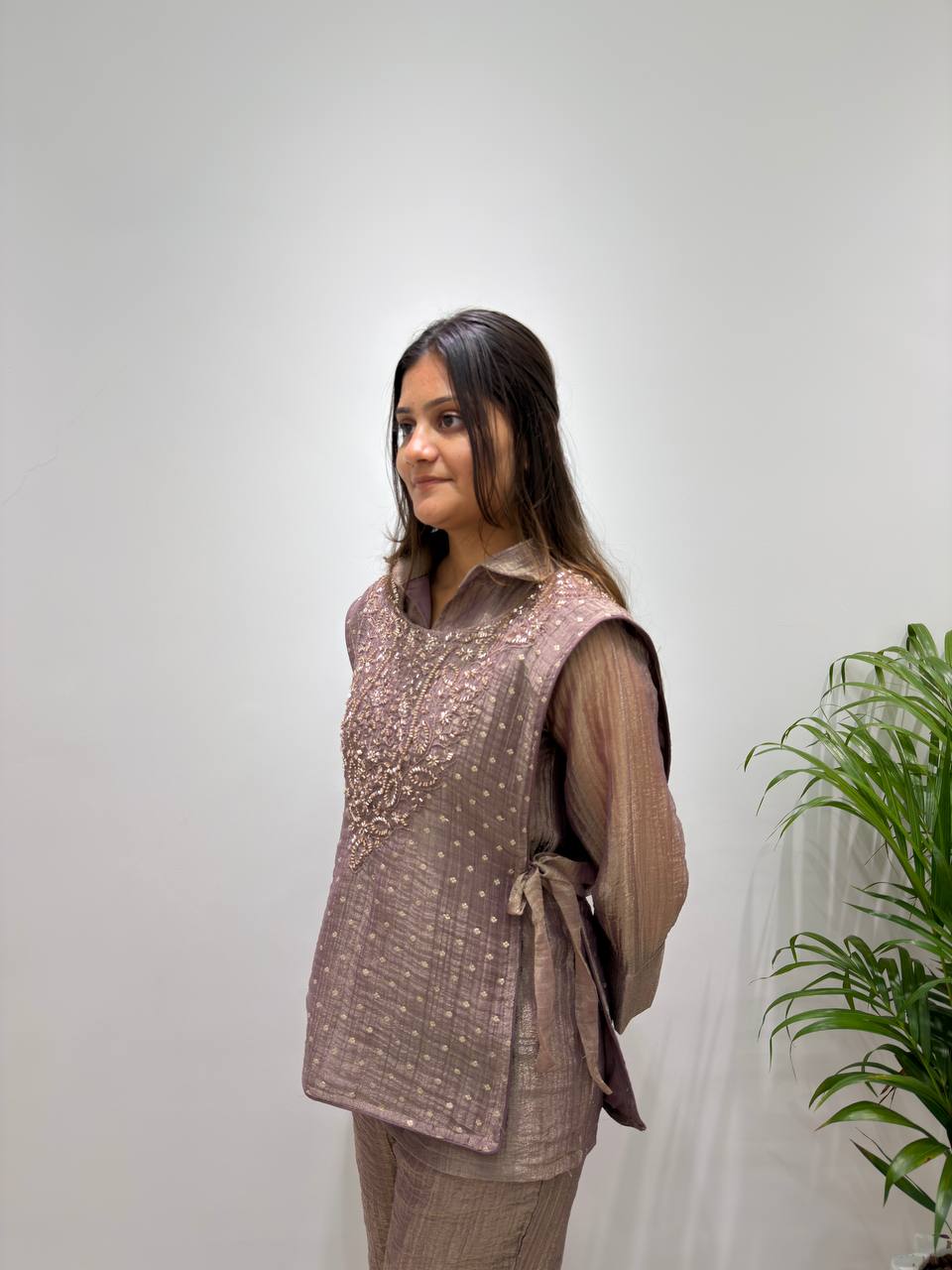 Taupe Brown Salsa Silk Embroidered Co-ord Set, view 2