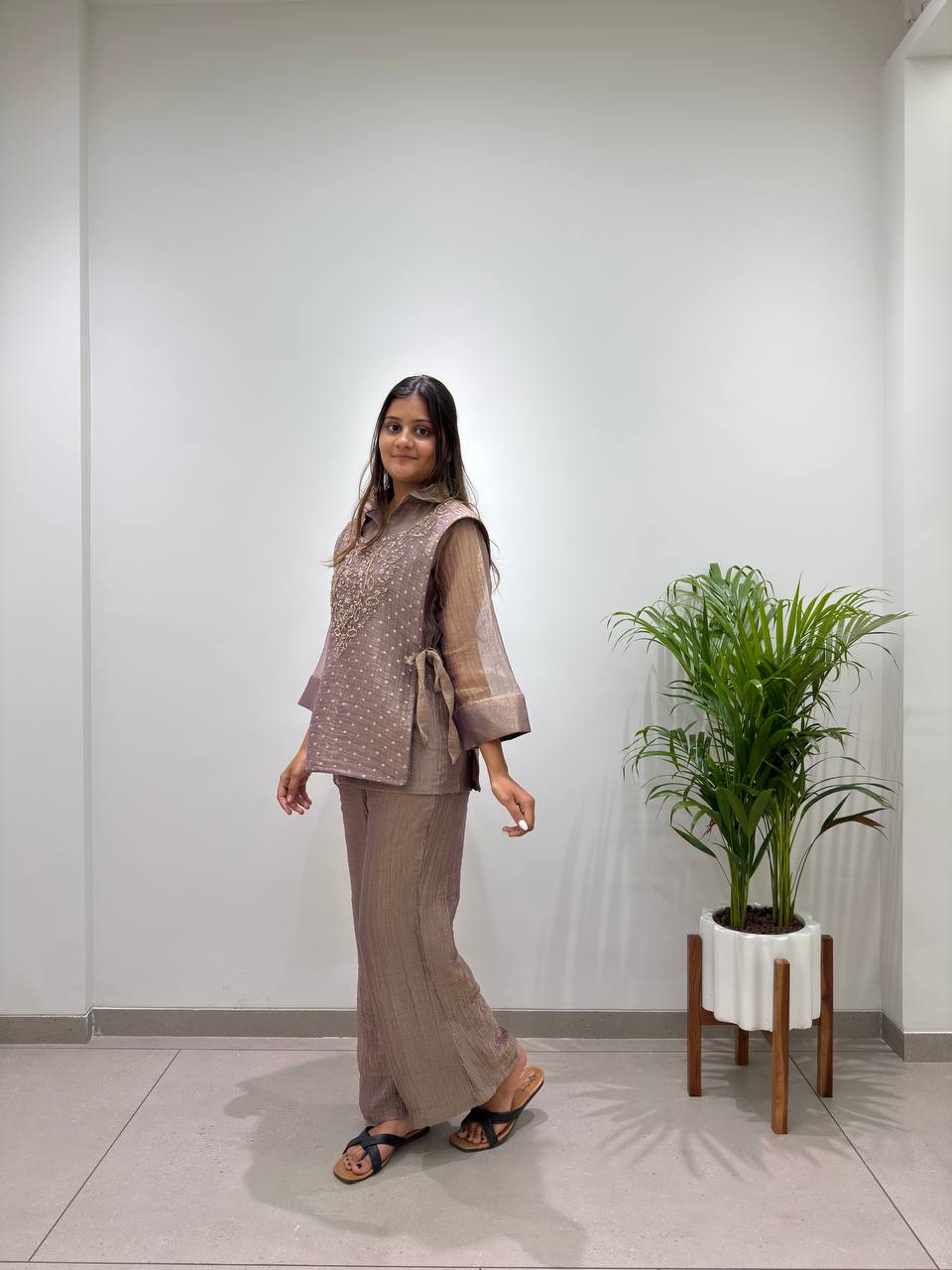 Taupe Brown Salsa Silk Embroidered Co-ord Set, view 3