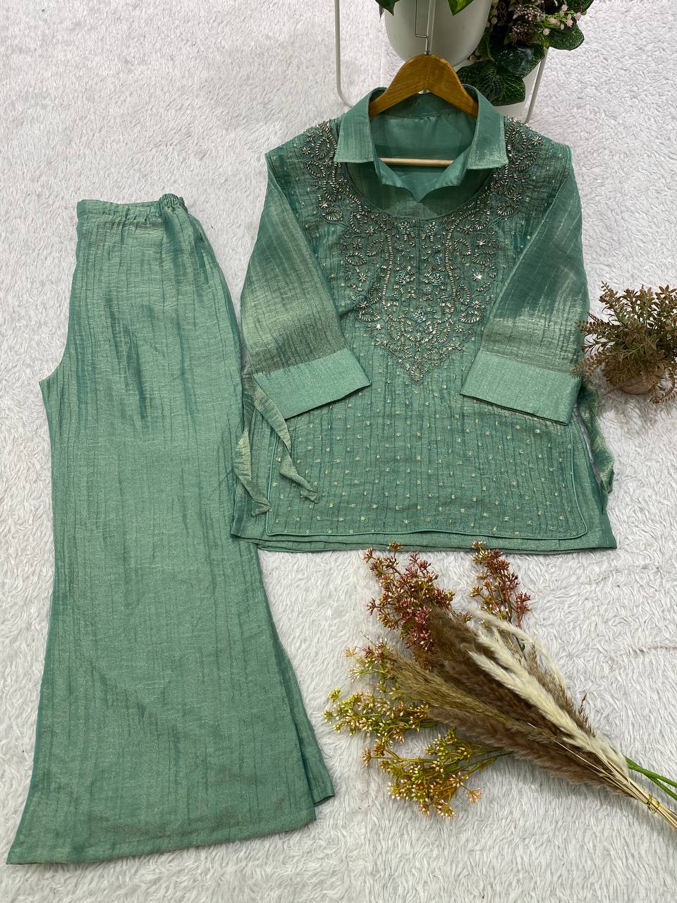 Sea Green Salsa Silk Embroidered Co-ord Set, view 4