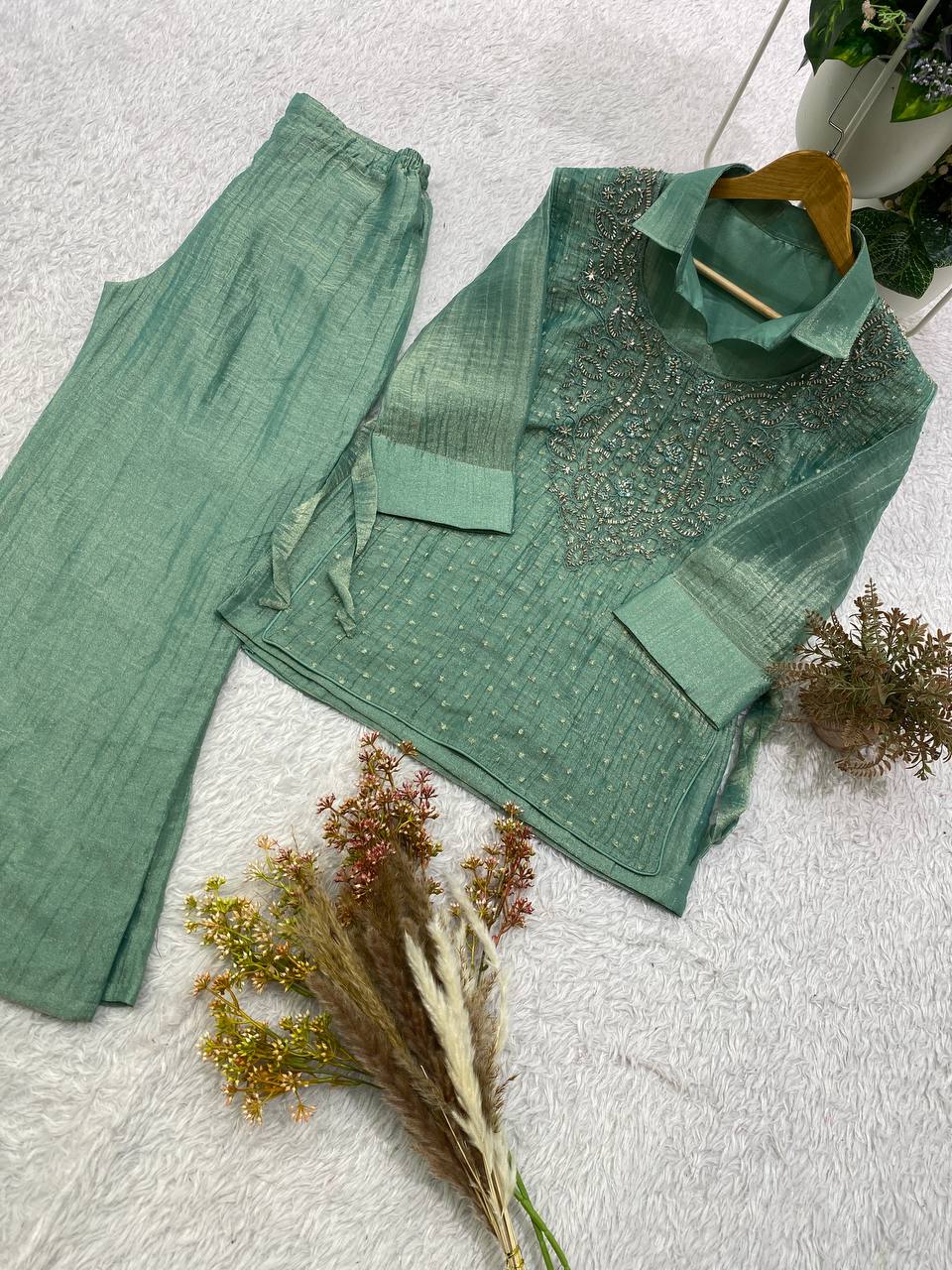 Sea Green Salsa Silk Embroidered Co-ord Set, view 5