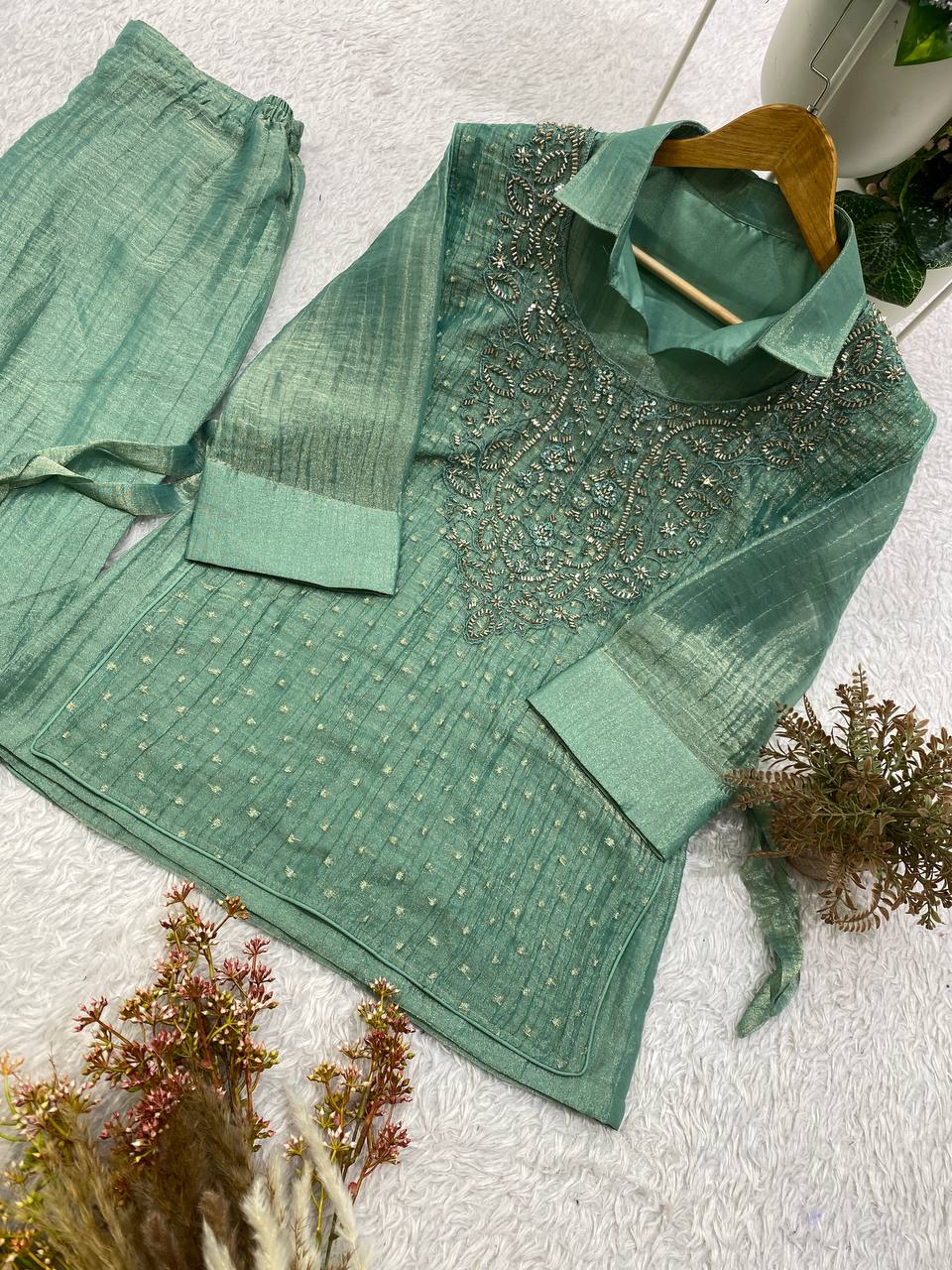 Sea Green Salsa Silk Embroidered Co-ord Set, view 6