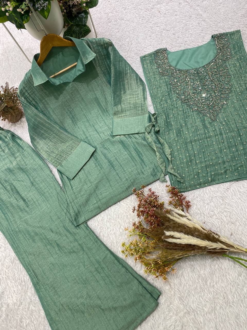 Sea Green Salsa Silk Embroidered Co-ord Set, view 7