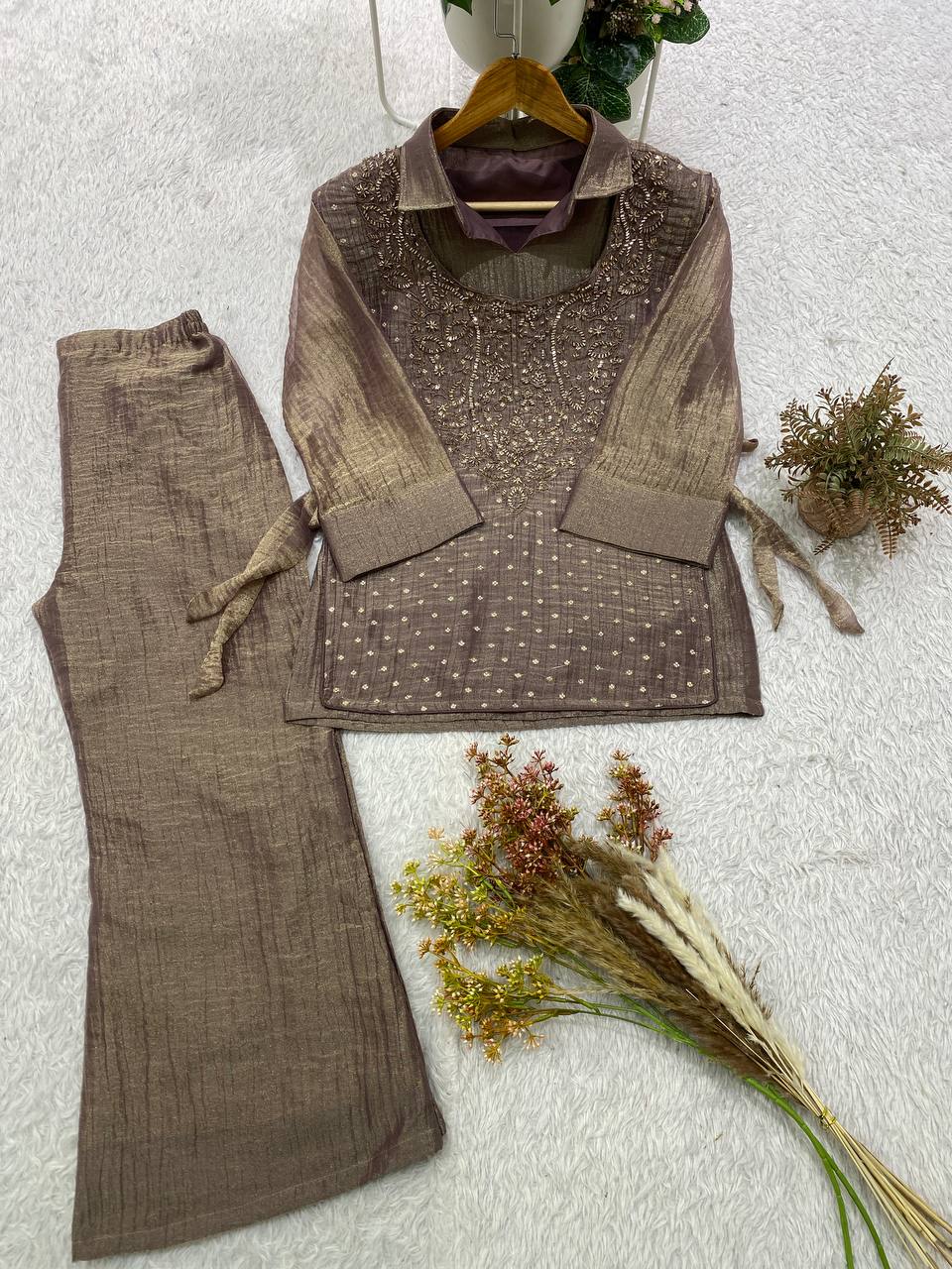 Taupe Brown Salsa Silk Embroidered Co-ord Set, view 4