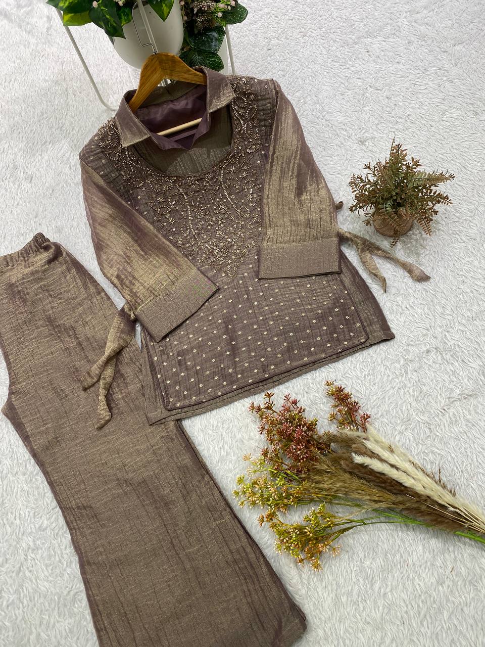 Taupe Brown Salsa Silk Embroidered Co-ord Set, view 5