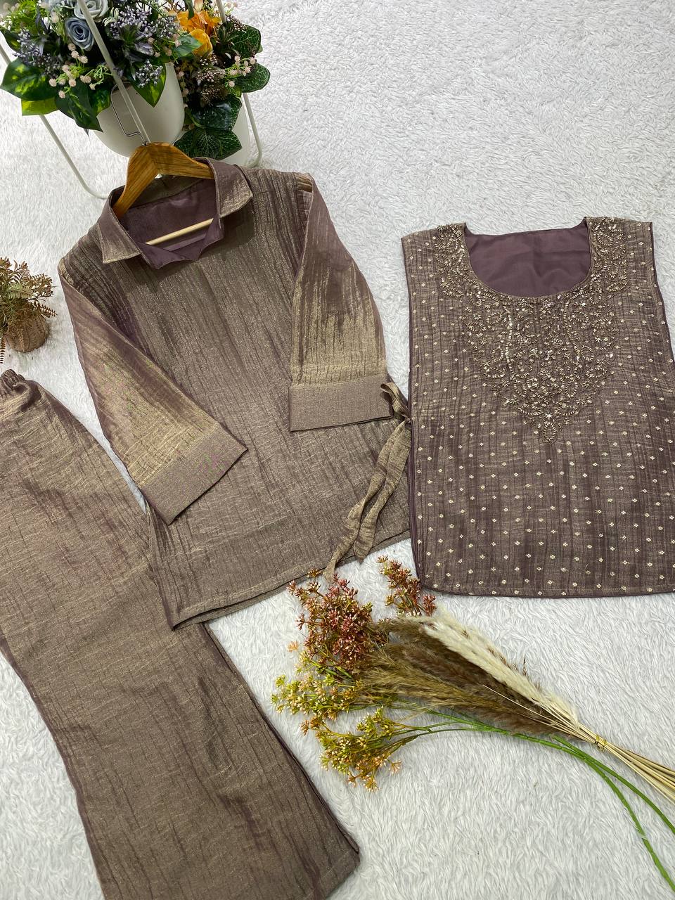 Taupe Brown Salsa Silk Embroidered Co-ord Set, view 6