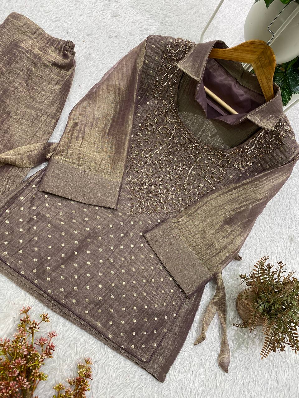 Taupe Brown Salsa Silk Embroidered Co-ord Set, view 7
