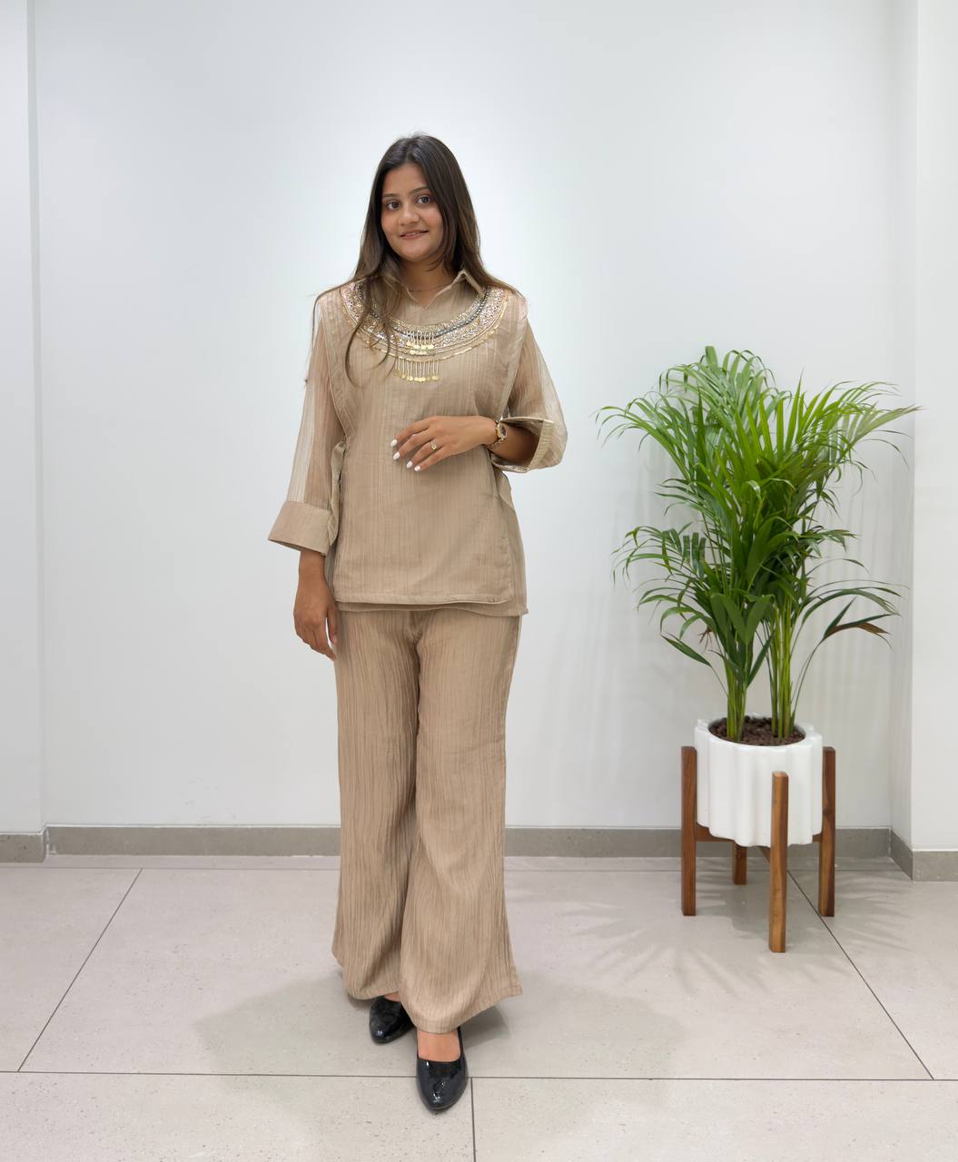 Beige Salsa Silk Embroidered Co-ord Set
