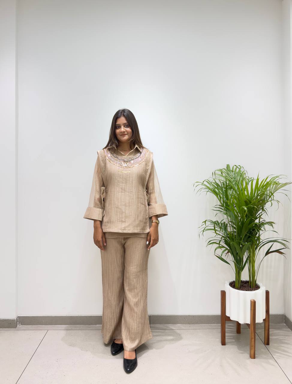 Beige Salsa Silk Embroidered Co-ord Set, view 2