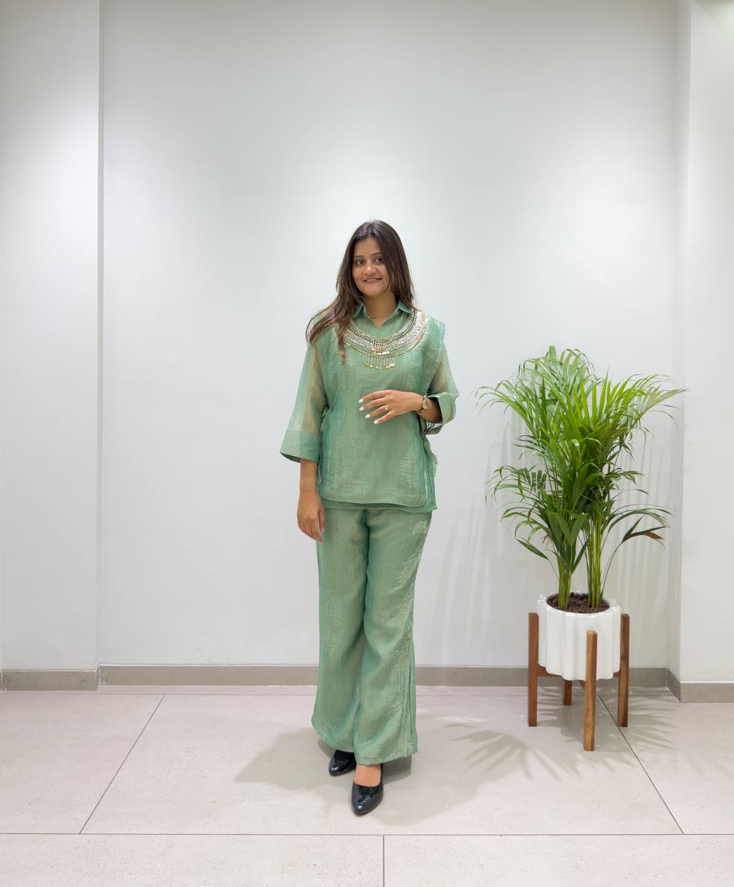 Pista Green Salsa Silk Embroidered Co-ord Set