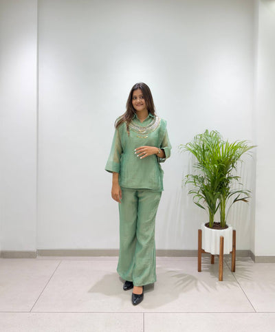 Pista Green Salsa Silk Embroidered Co-ord Set