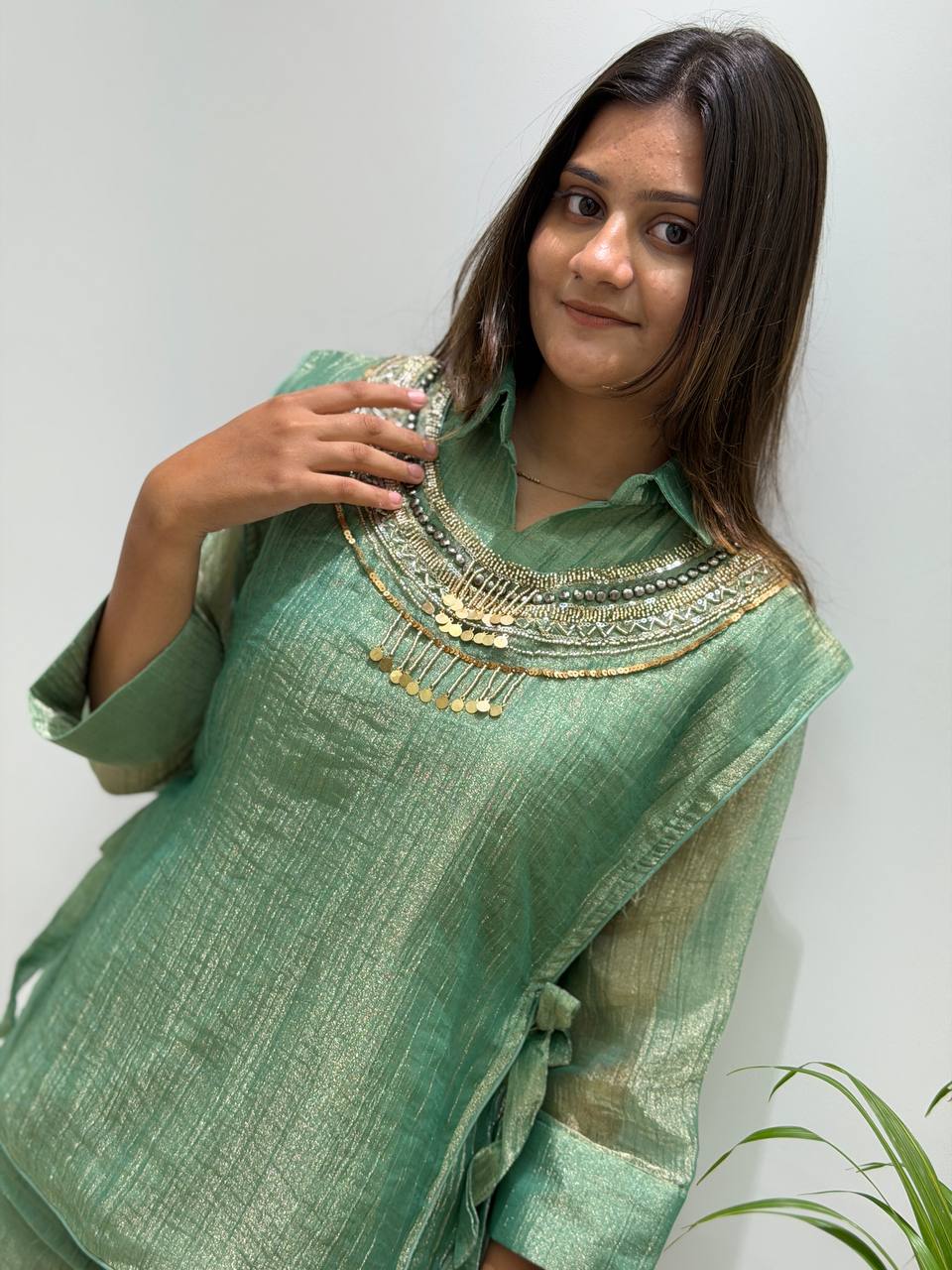 Pista Green Salsa Silk Embroidered Co-ord Set, view 2