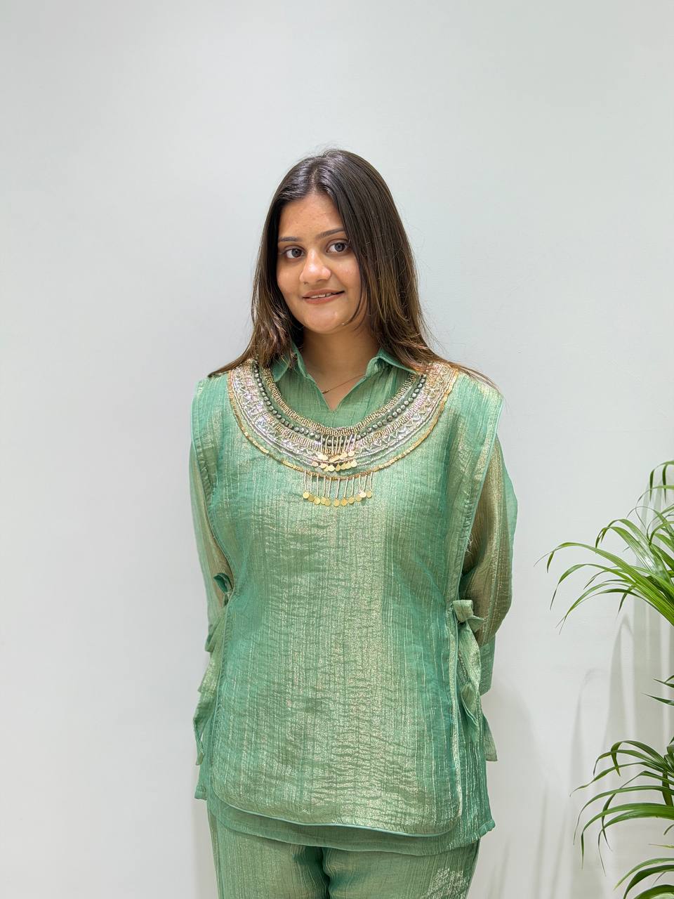 Pista Green Salsa Silk Embroidered Co-ord Set, view 3