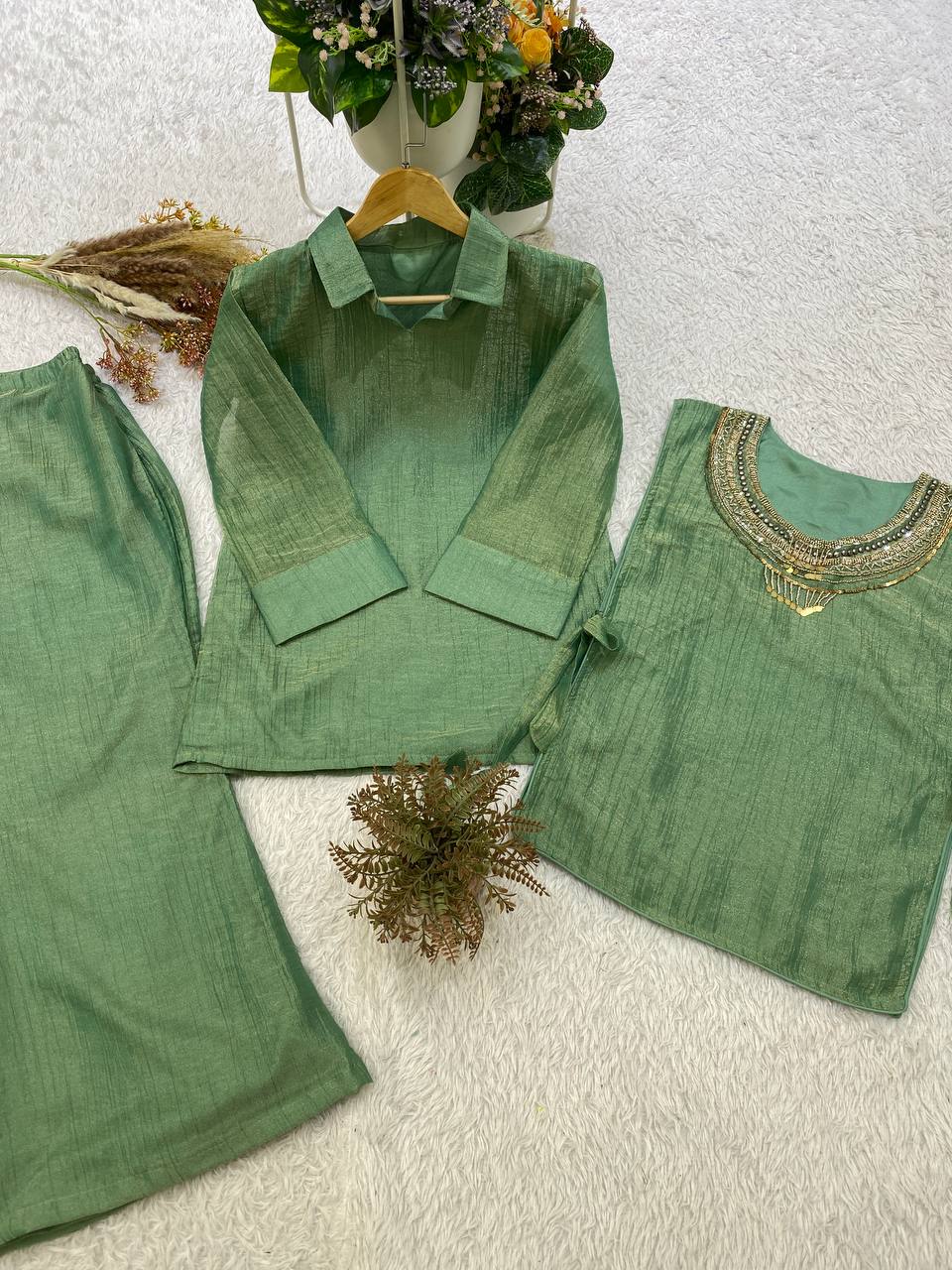 Pista Green Salsa Silk Embroidered Co-ord Set, view 4