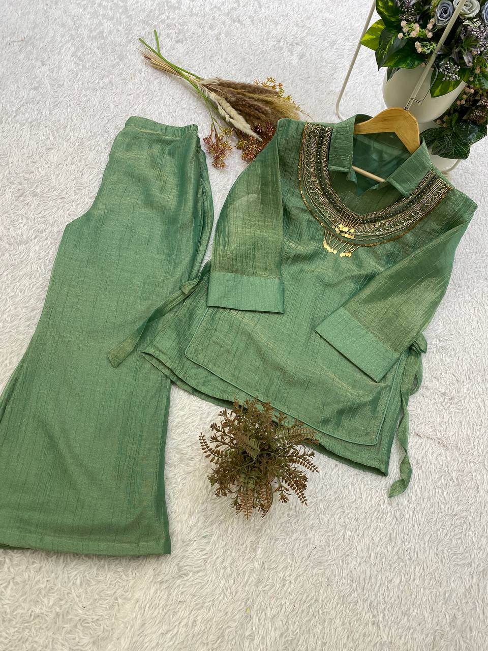 Pista Green Salsa Silk Embroidered Co-ord Set, view 5