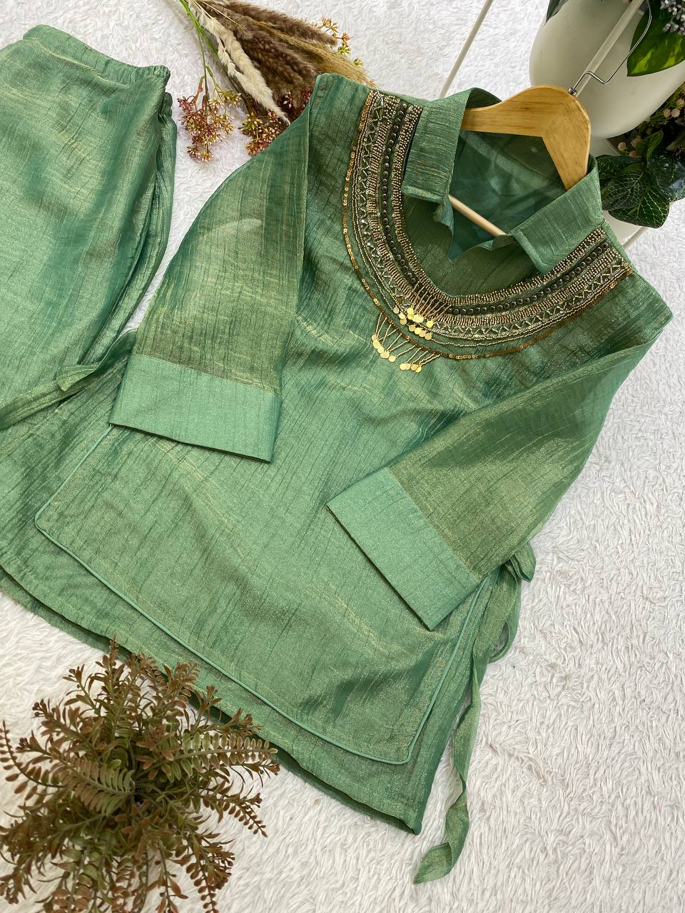 Pista Green Salsa Silk Embroidered Co-ord Set, view 6