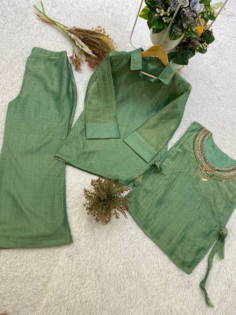 Pista Green Salsa Silk Embroidered Co-ord Set, view 7