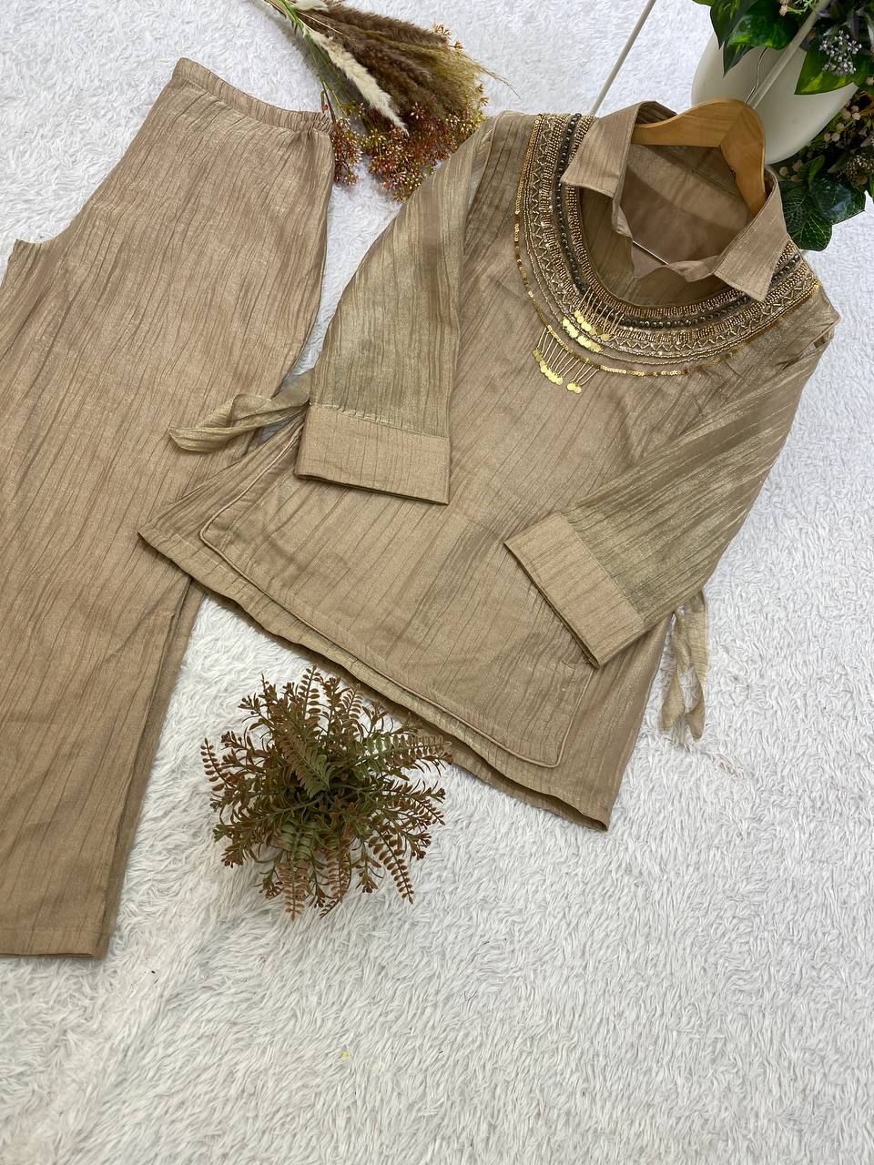 Beige Salsa Silk Embroidered Co-ord Set, view 4