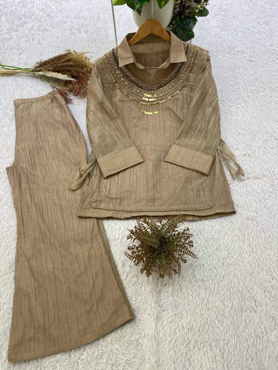 Beige Salsa Silk Embroidered Co-ord Set, view 5
