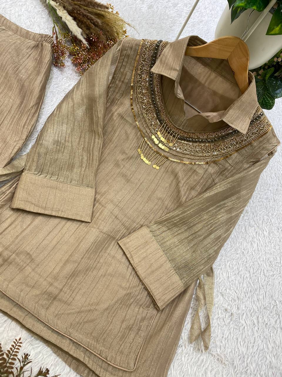 Beige Salsa Silk Embroidered Co-ord Set, view 6