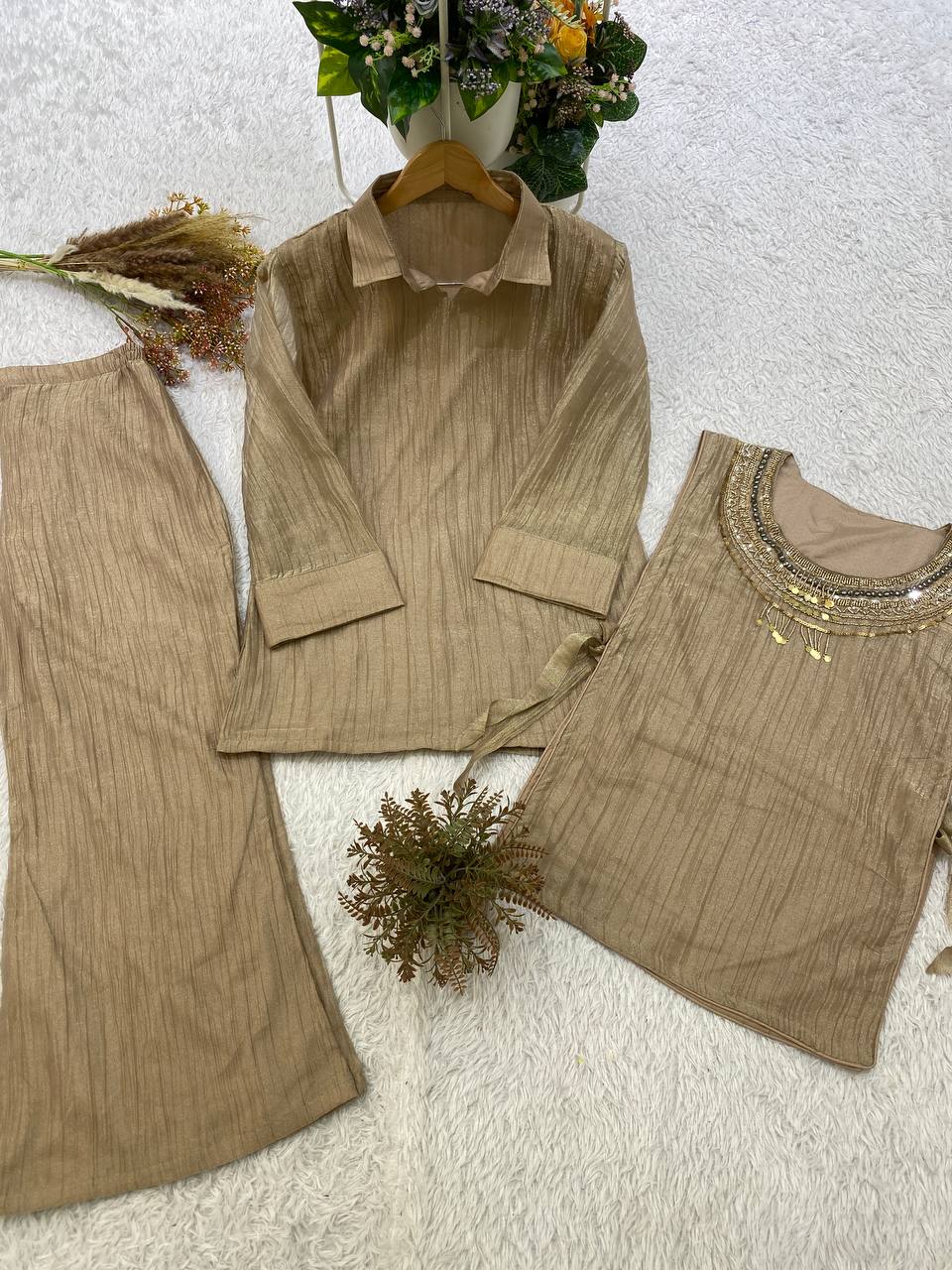 Beige Salsa Silk Embroidered Co-ord Set, view 7