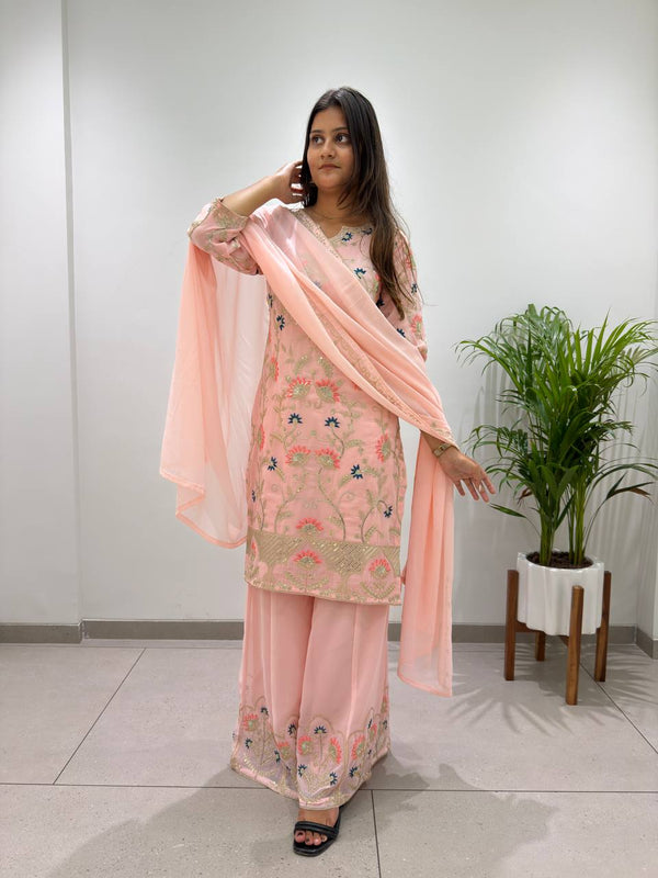 Peach Georgette Sequin Kurta Palazzo Set
