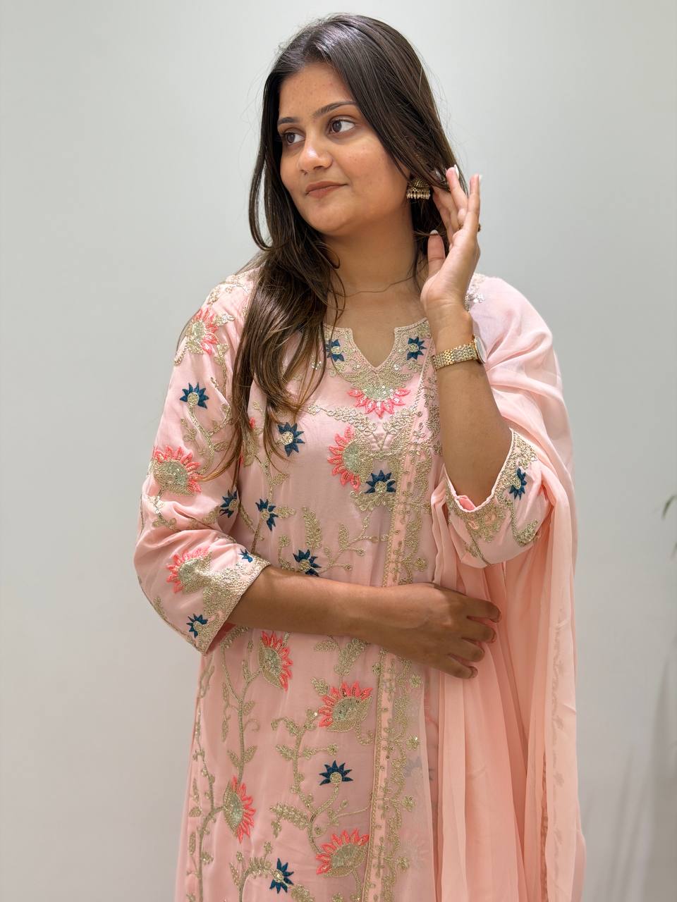 Peach Georgette Sequin Kurta Palazzo Set, view 2