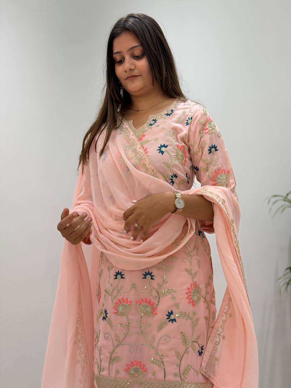 Peach Georgette Sequin Kurta Palazzo Set, view 3