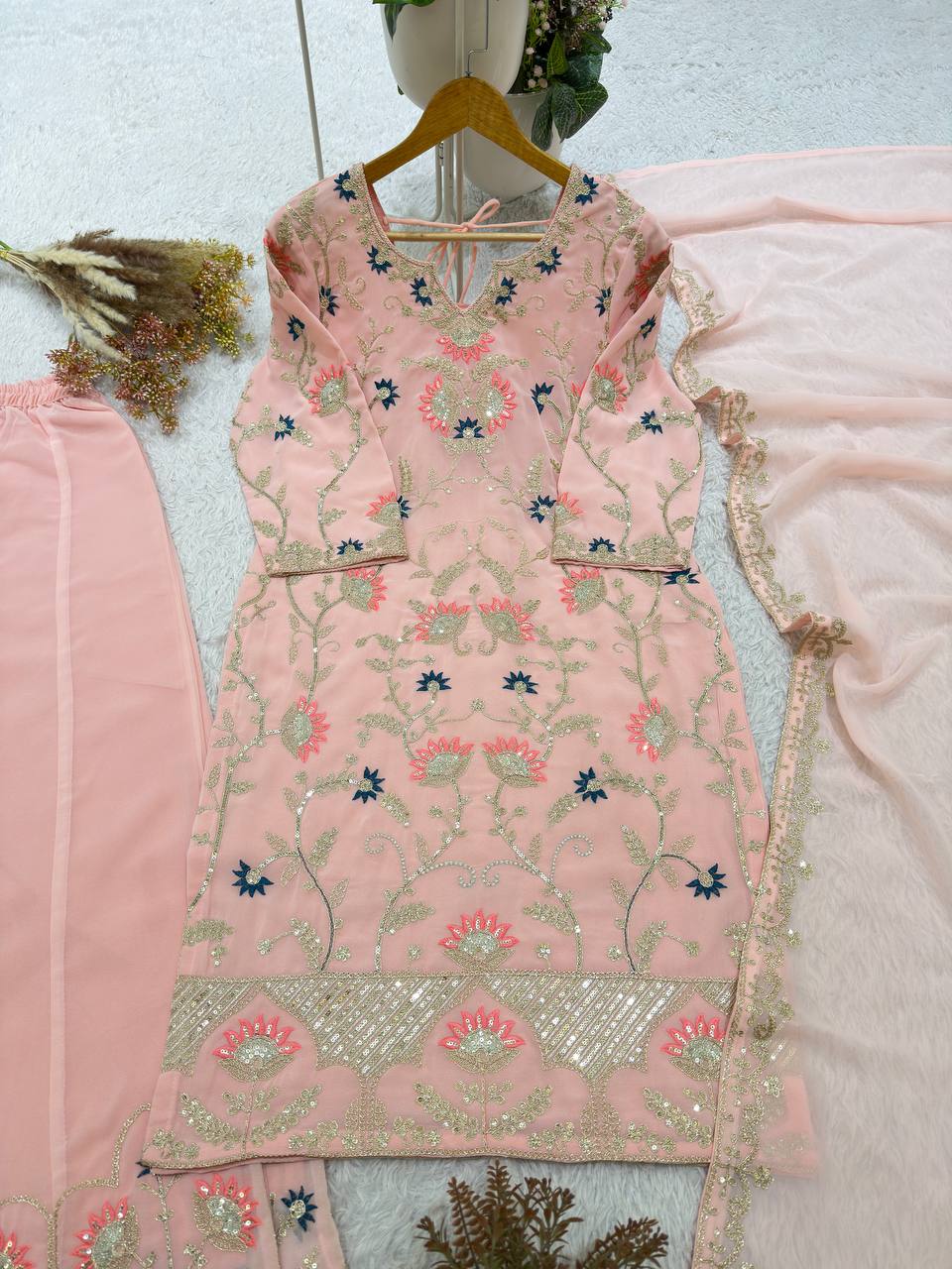 Peach Georgette Sequin Kurta Palazzo Set, view 5