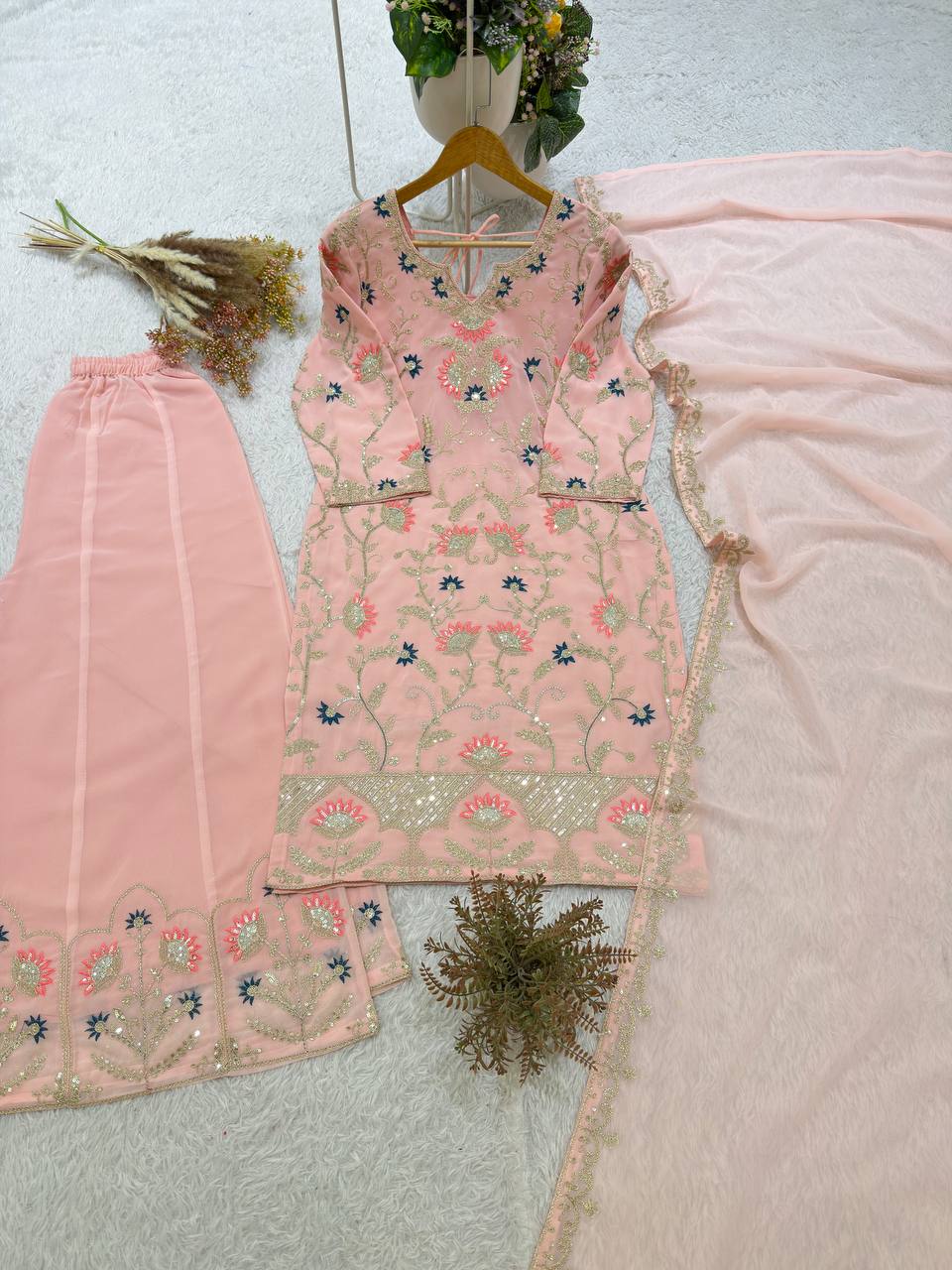 Peach Georgette Sequin Kurta Palazzo Set, view 6
