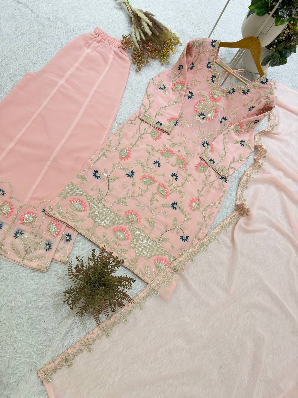Peach Georgette Sequin Kurta Palazzo Set, view 7
