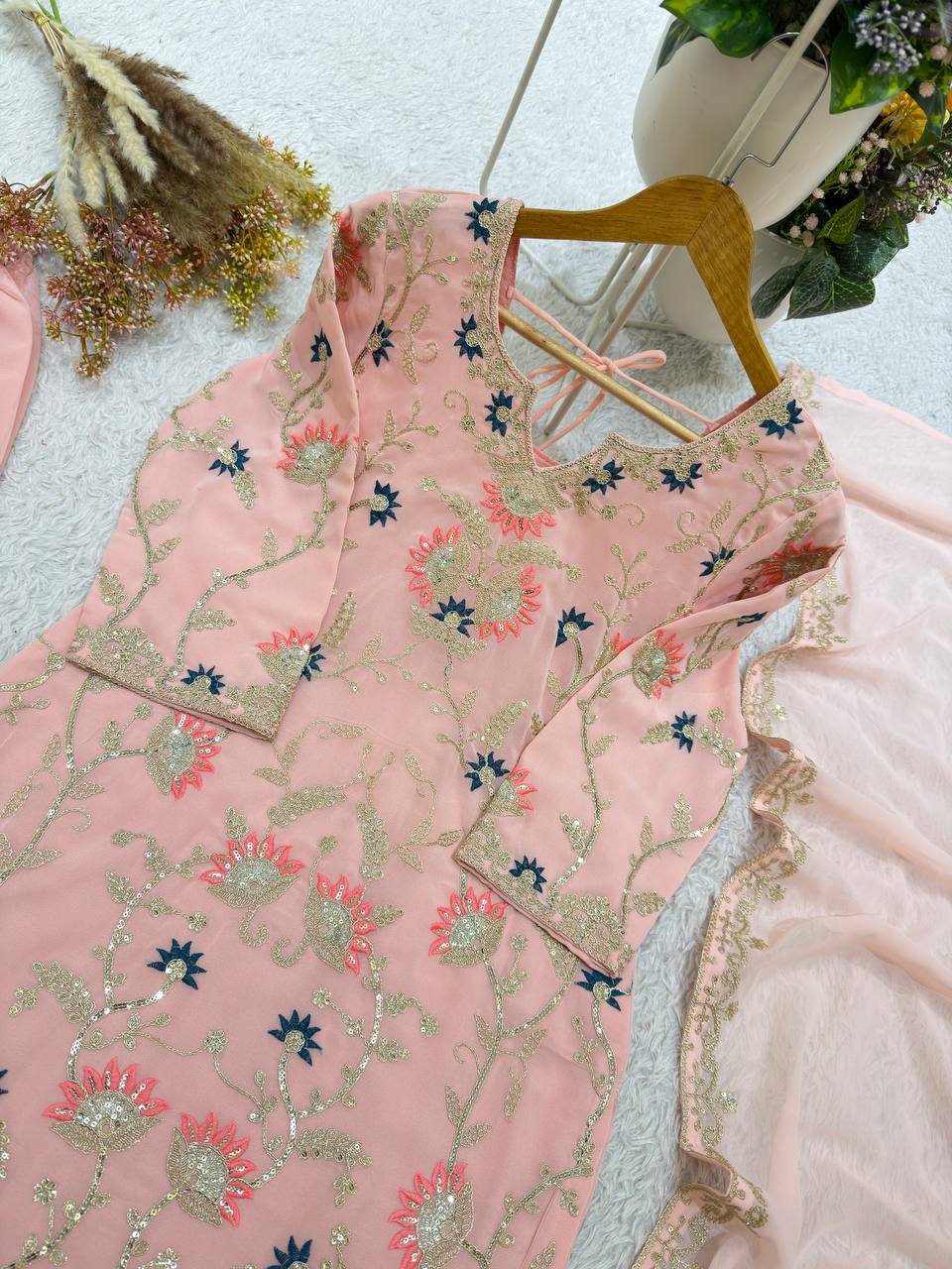 Peach Georgette Sequin Kurta Palazzo Set, view 8