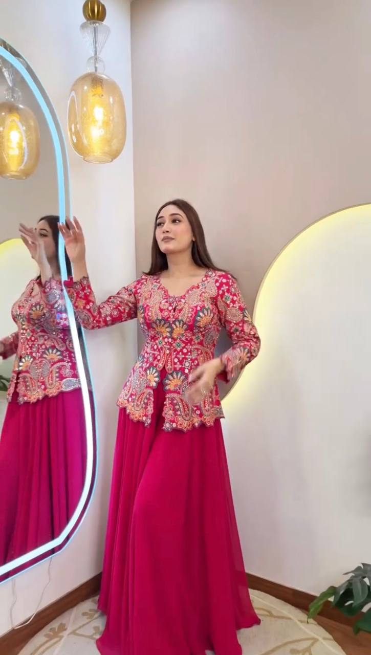 Rani Pink Georgette Sequin Kurta Palazzo Set