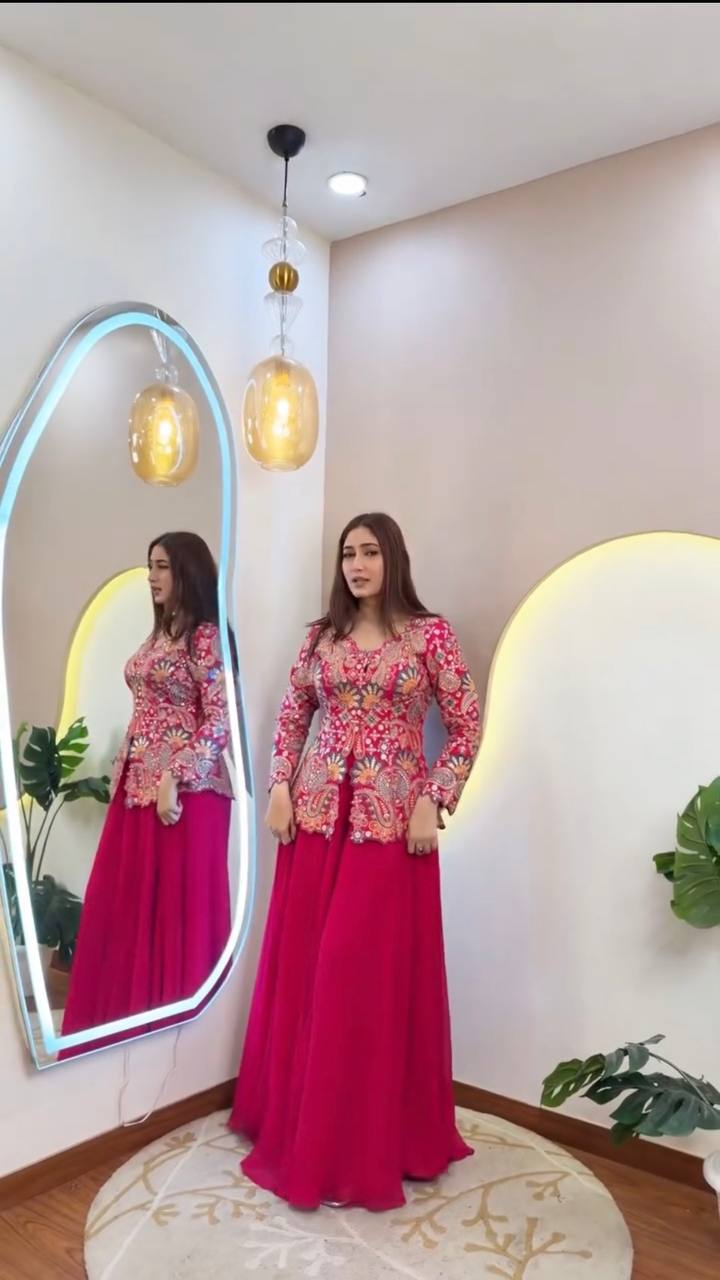 Rani Pink Georgette Sequin Kurta Palazzo Set, view 2
