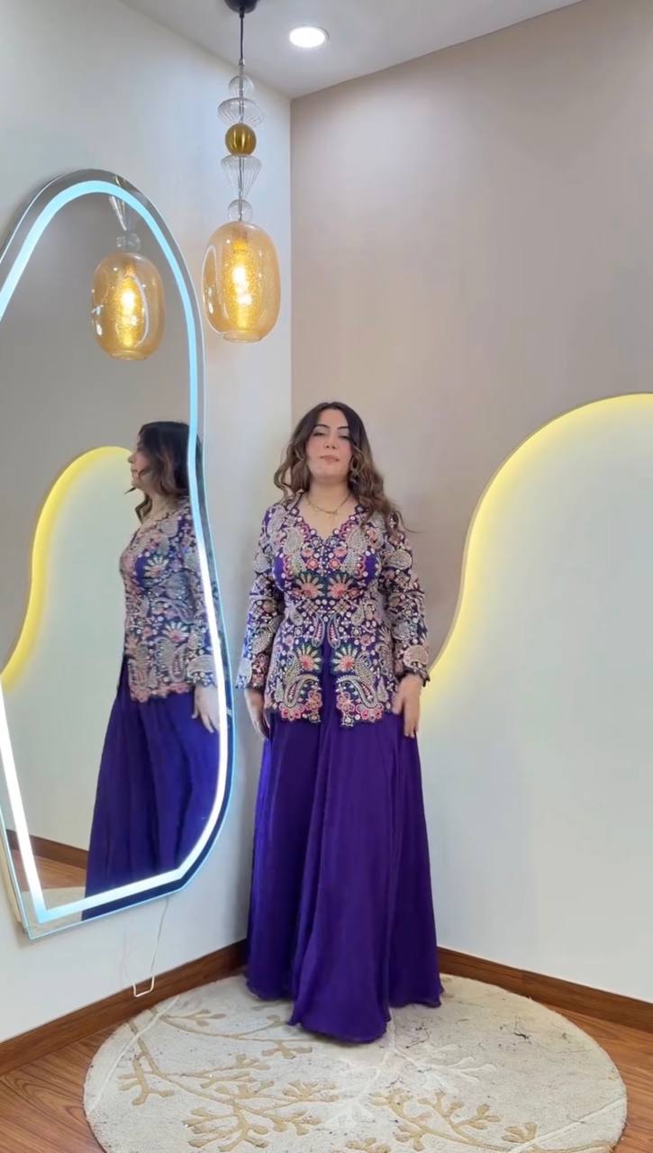 Purple Georgette Sequin Kurta Palazzo Set, view 2