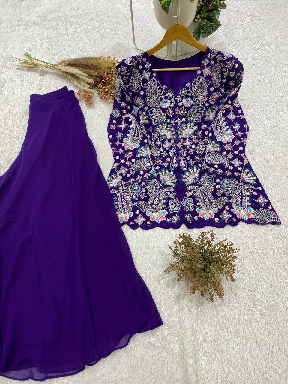 Purple Georgette Sequin Kurta Palazzo Set, view 3