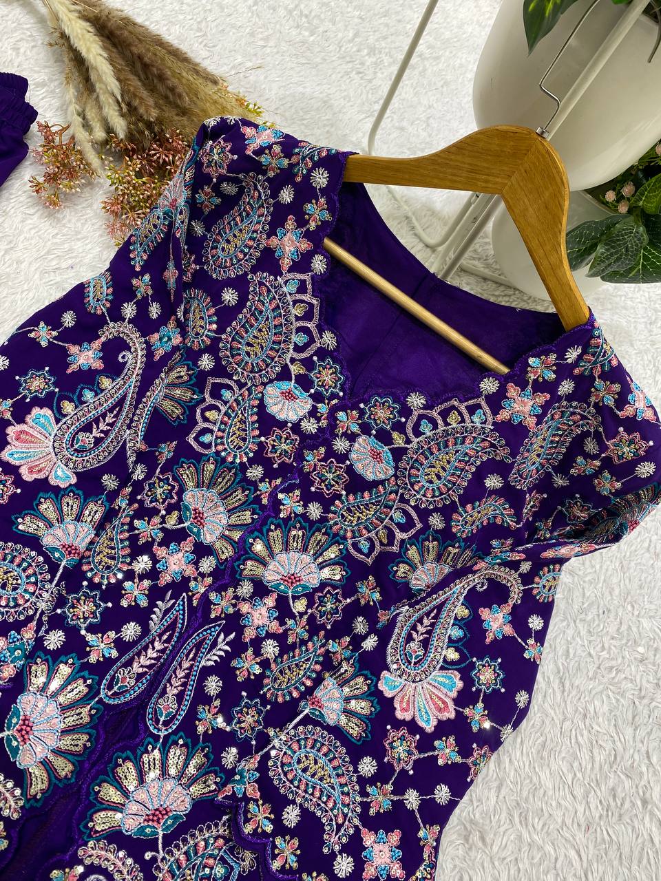 Purple Georgette Sequin Kurta Palazzo Set, view 4