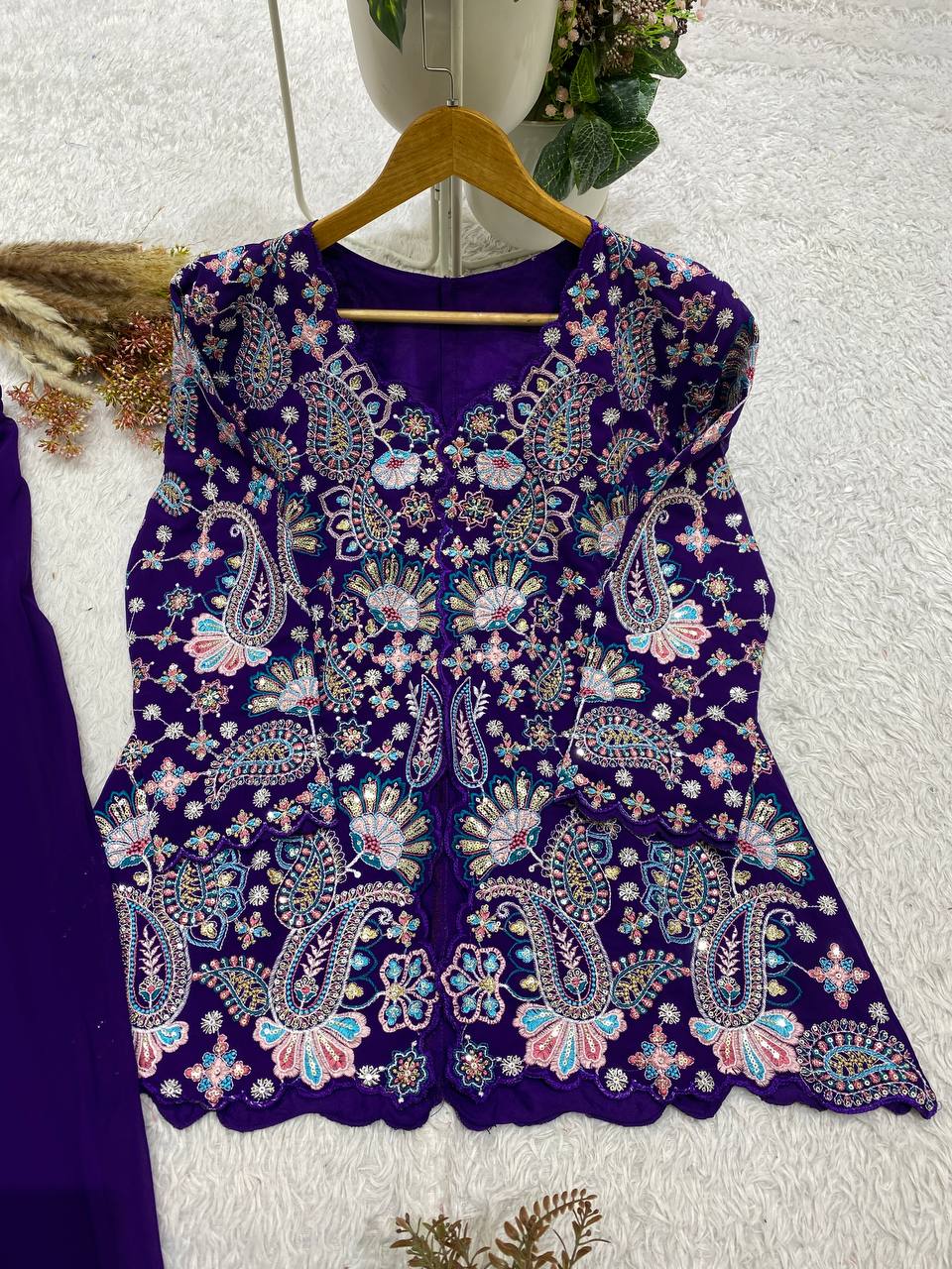Purple Georgette Sequin Kurta Palazzo Set, view 5